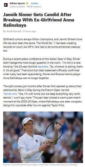 Sinner’s Split: Kalinskaya Missing at Wimbledon 👀
