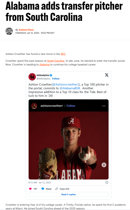 Gamecock Ace Joins Bama’s Pitching Ranks