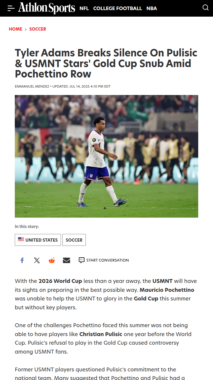 Adams Speaks Out on Pulisic Gold Cup Drama