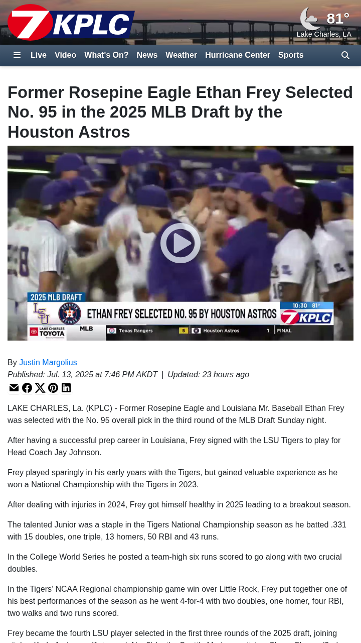 Astros Nab LSU’s Frey at No. 95!