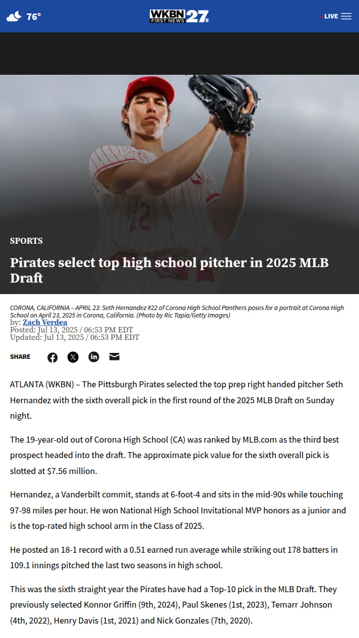 Pirates Land Fireballer Seth Hernandez!