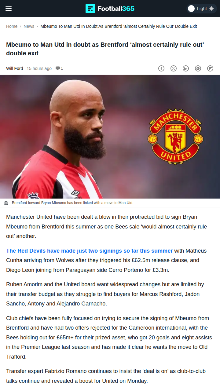 Red Devils’ Mbeumo Chase Hits Brentford Wall