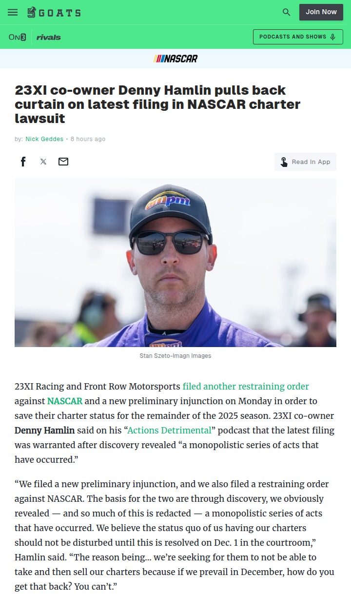 Hamlin Drops Bombshell in NASCAR Charter Fight