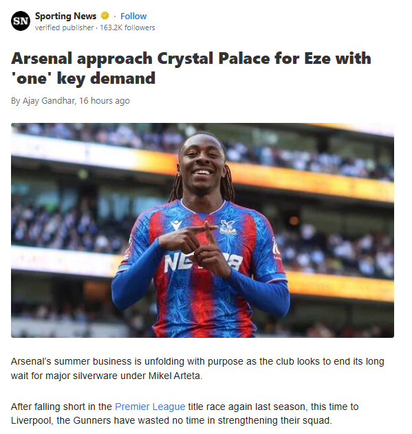 Gunners Eye Eze: Can Palace Be Persuaded?