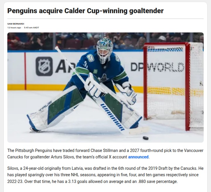 Silovs Joins the Pens: Goalie Battle Brewing?