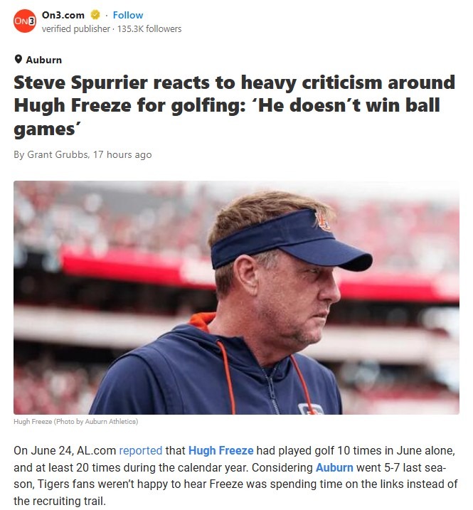 Spurrier Tees Off on Freeze’s Golf Habit
