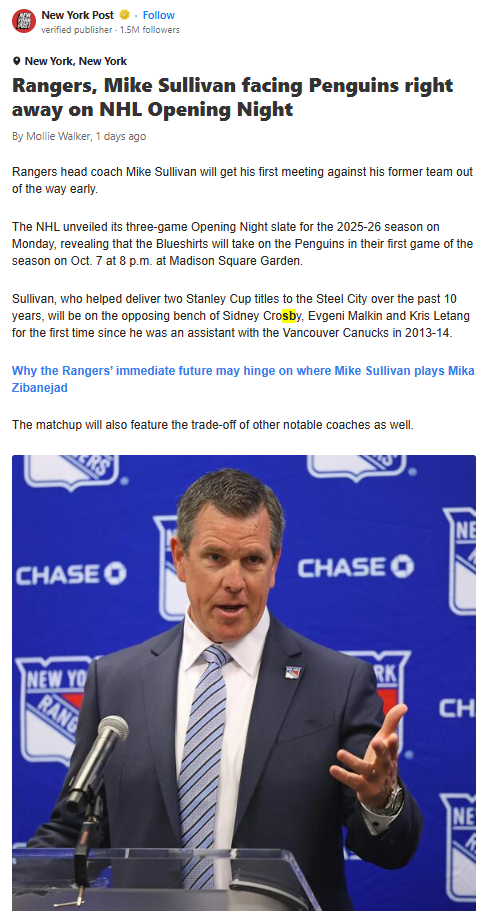 Sullivan Faces Old Squad: Blueshirts vs. Pens