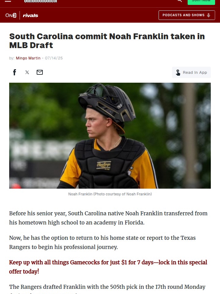 Gamecock Commit Noah Franklin Drafted!