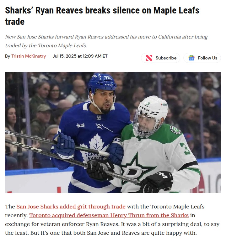 Reavo’s Arrival: Sharks Get Their Enforcer