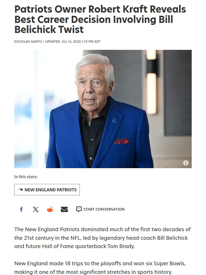 Kraft’s Risky Belichick Bet Paid Off Big