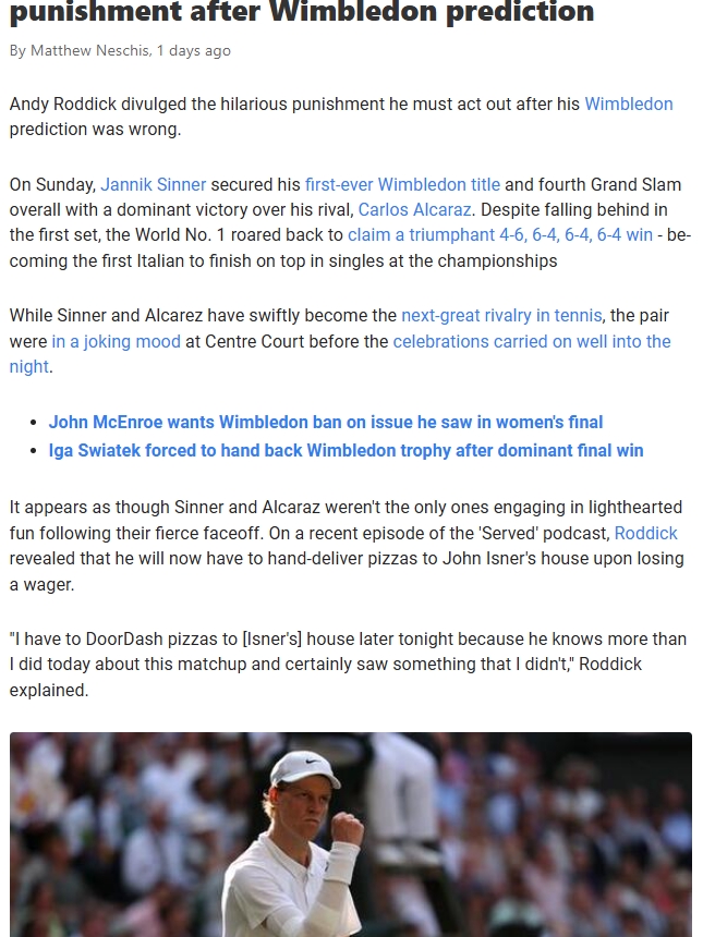 Roddick’s Pizza Bet: Sinner Proves Him Wrong!