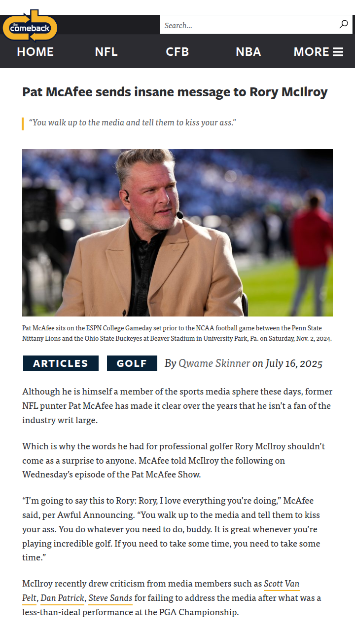 Pat McAfee Backs Rory vs. Media Critics