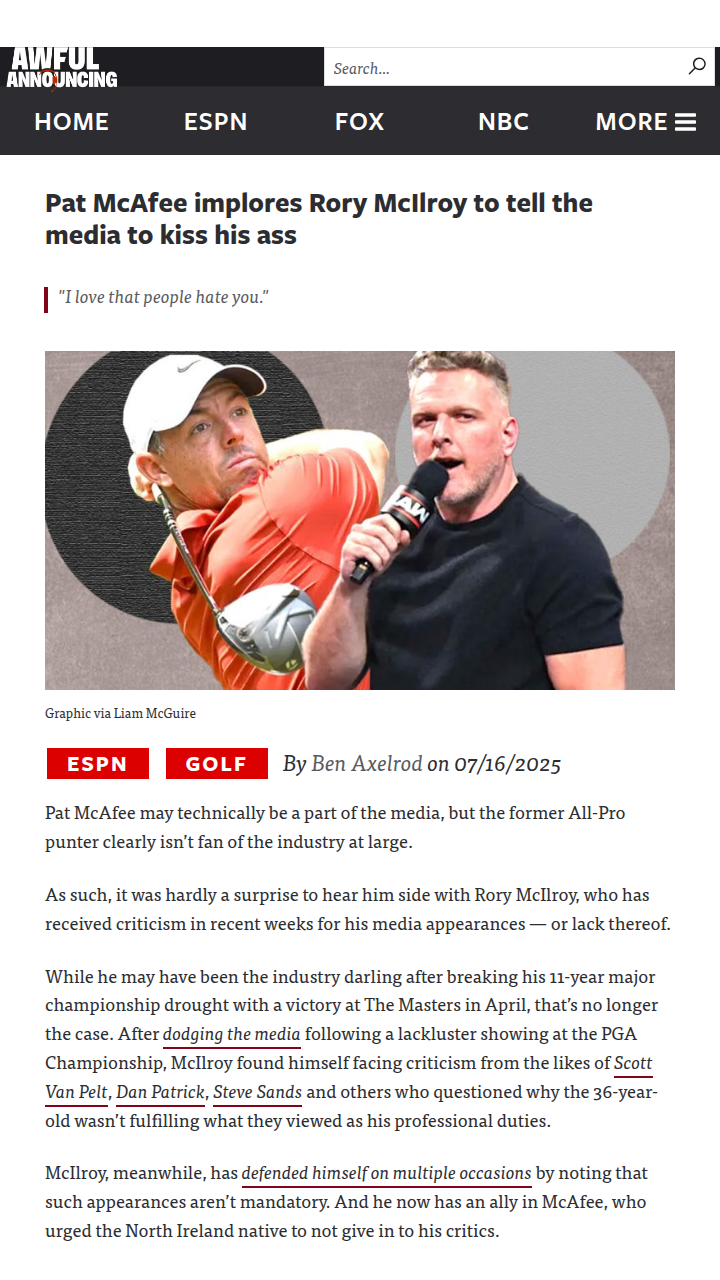 McAfee Backs Rory vs. Media Critics