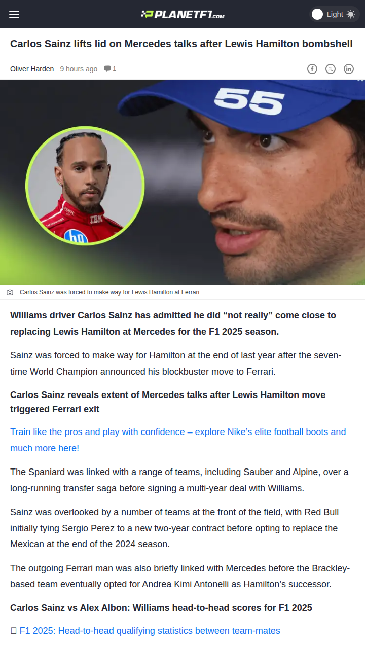 Sainz Spills on Mercedes Snub After Hamilton Move