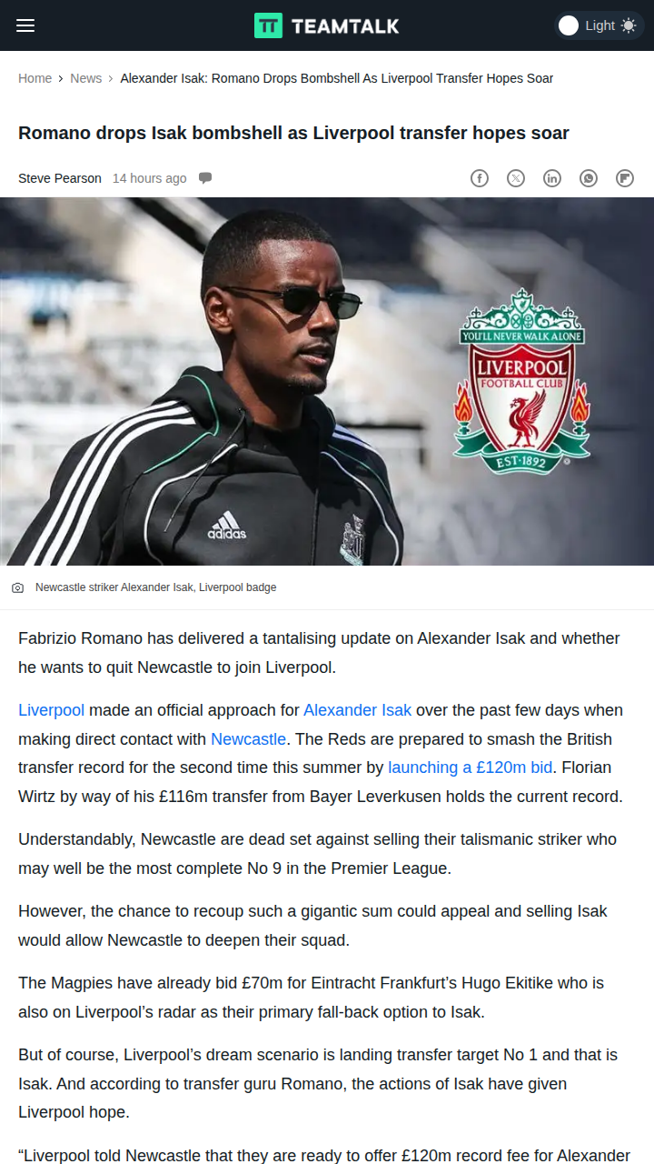 Isak to Anfield? Romano Fuels Transfer Buzz