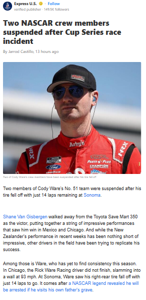 No. 51 Crew Benched After Sonoma Tire Drama