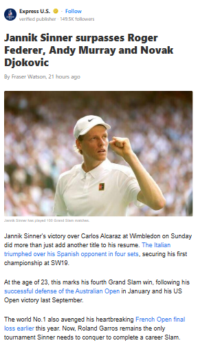 Sinner Joins Tennis Royalty After Wimbledon Win