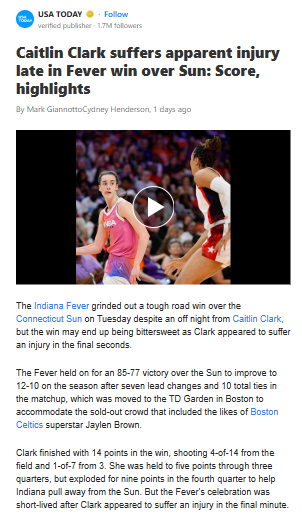 Clark’s Late Injury Sours Fever’s Gritty Win