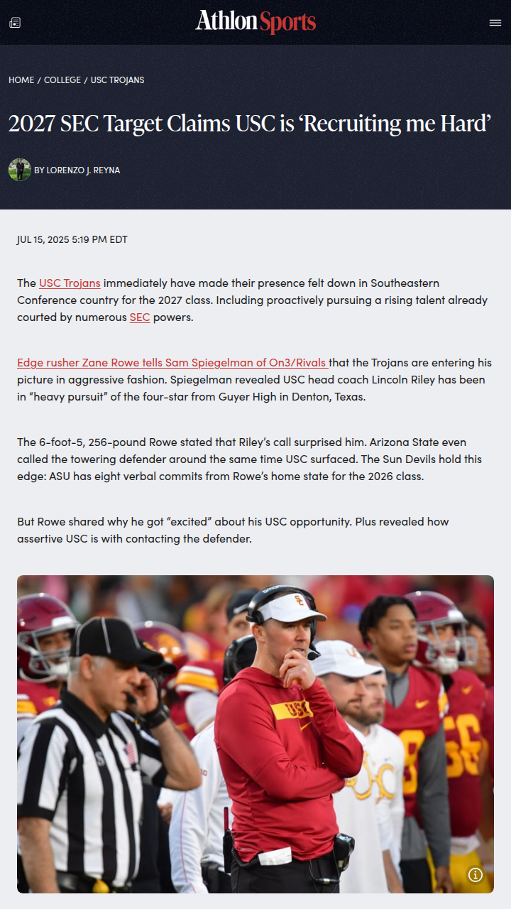 USC Turns Up Heat on Texas Star Rowe