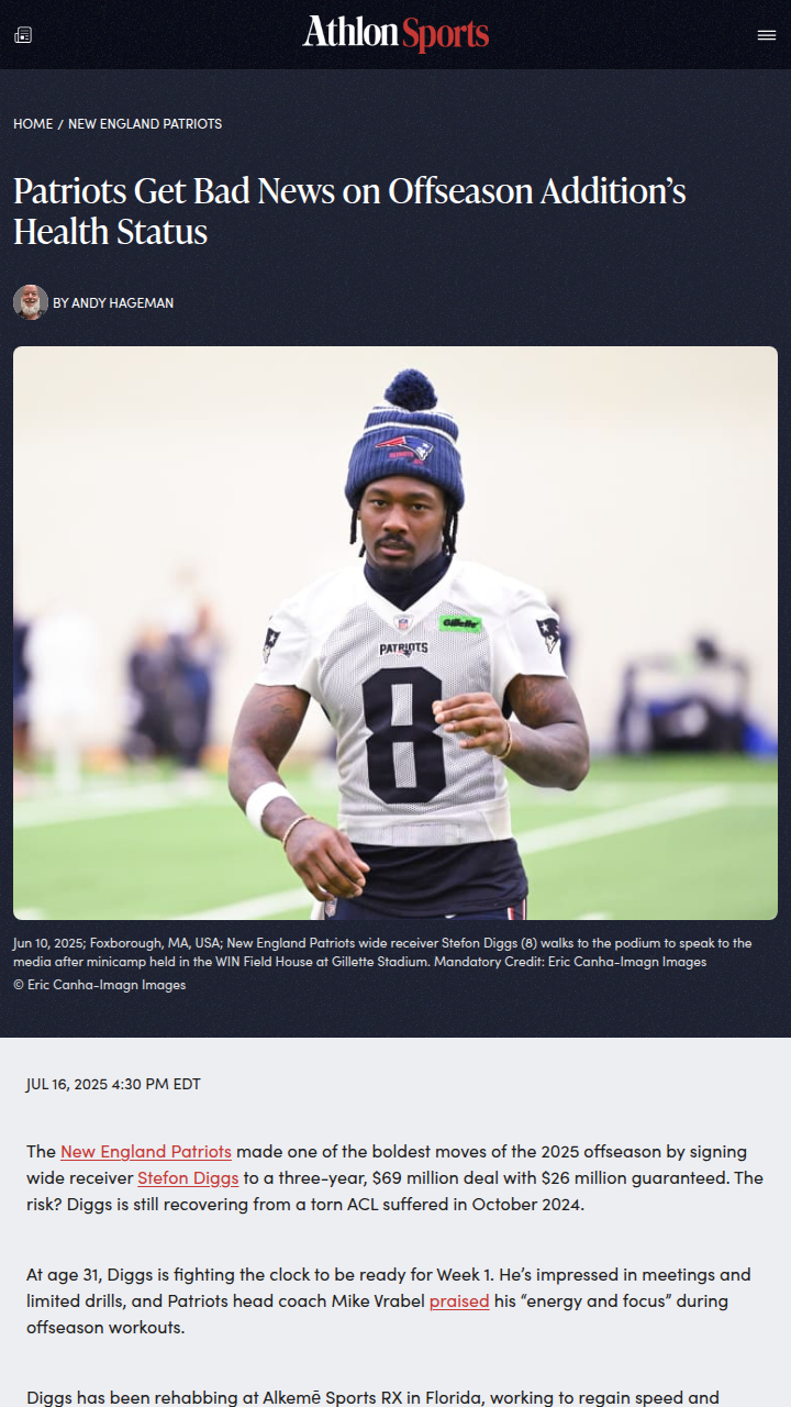 Can Diggs Deliver for Pats After ACL Woes?