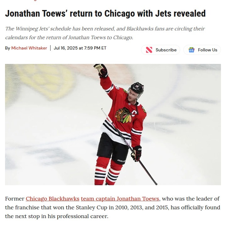 Captain Serious Returns: Toews’ Chicago Homecoming