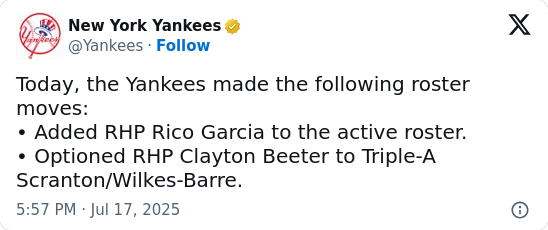 Yanks Shuffle Pen: Rico In, Beeter Out Again