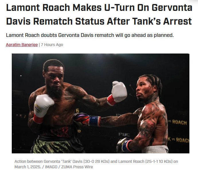 Roach Doubts Tank Rematch After Arrest