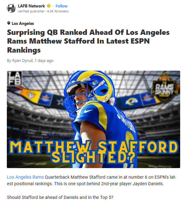 Stafford Snubbed? ESPN Ranks Rookie Over Him