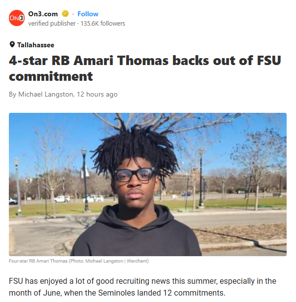 Seminoles Lose 4-Star RB Amari Thomas