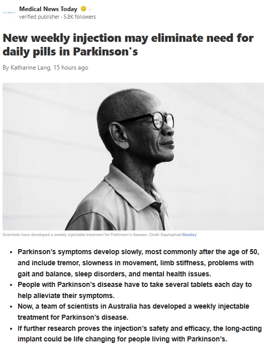 Weekly Shot Could Replace Daily Parkinson’s Pills