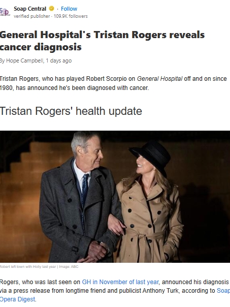Soap Legend Tristan Rogers Shares Cancer News