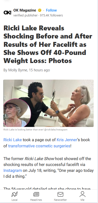 Ricki Lake’s Facelift & 40lb Glow-Up!