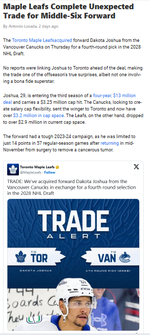 Leafs Land Gritty Dakota Joshua in Surprise Deal