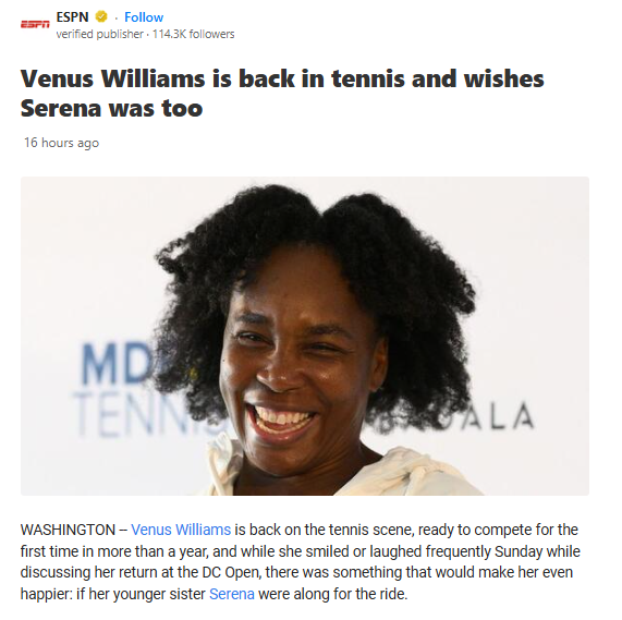 Venus Returns—But Misses Serena Courtside