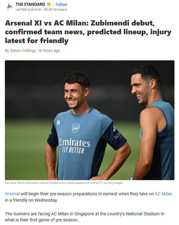 Zubimendi Set for Gunners Debut vs Milan
