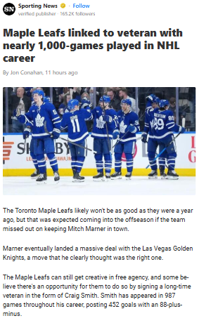 Leafs Eyeing Veteran Smith as Marner Moves On?
