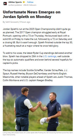 Spieth Slips in Ryder Cup Race After Open