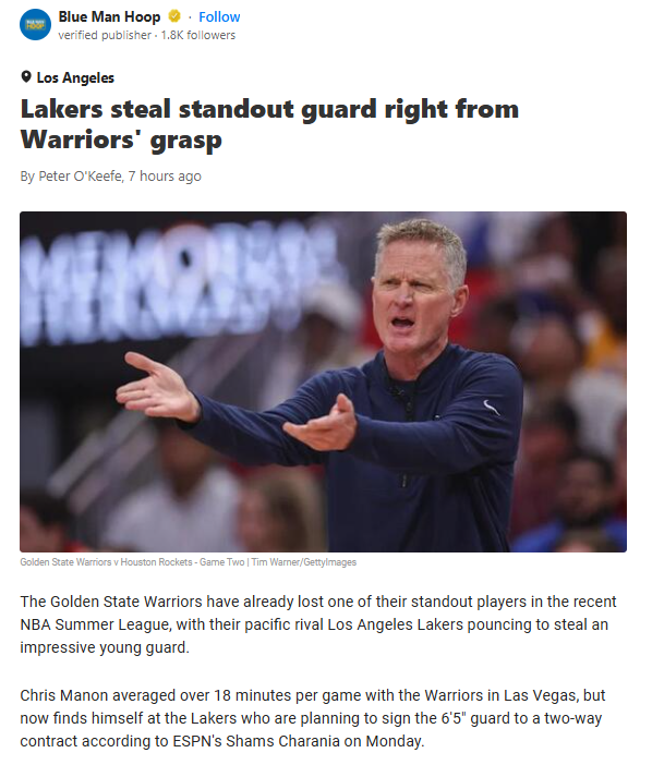 Lakers Snag Warriors’ Summer League Star