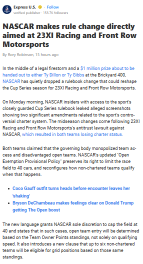 NASCAR’s New Rule: 23XI & Front Row Targeted?