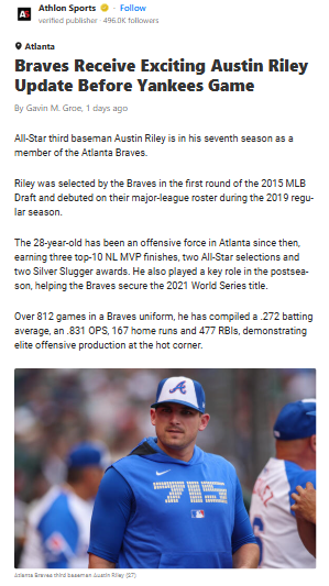 Riley’s Return: Braves Get a Boost vs. Yanks