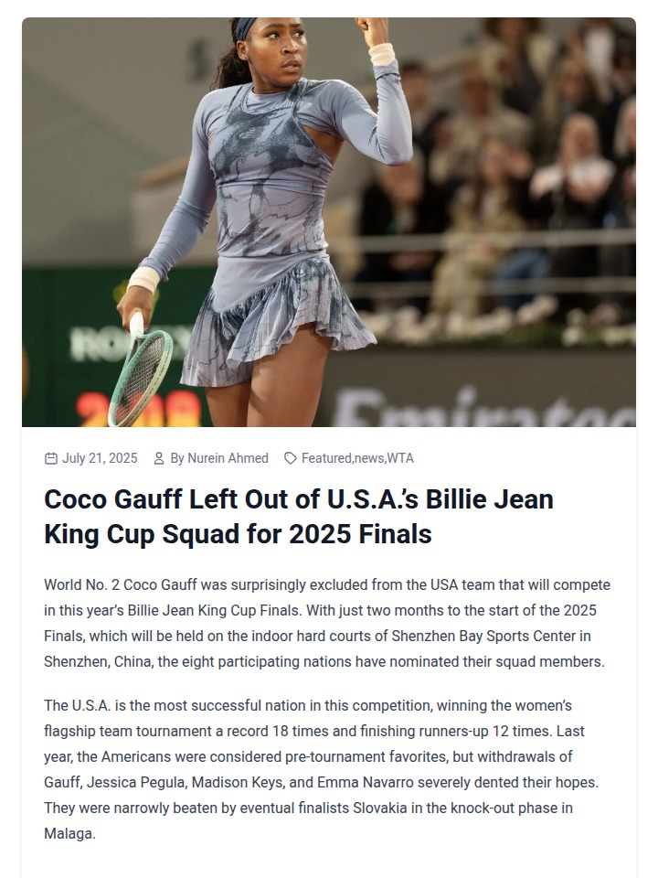 Shock as Coco Sits Out BJK Cup Finals