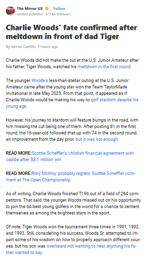 Charlie Woods Faces Pressure in Dad’s Shadow