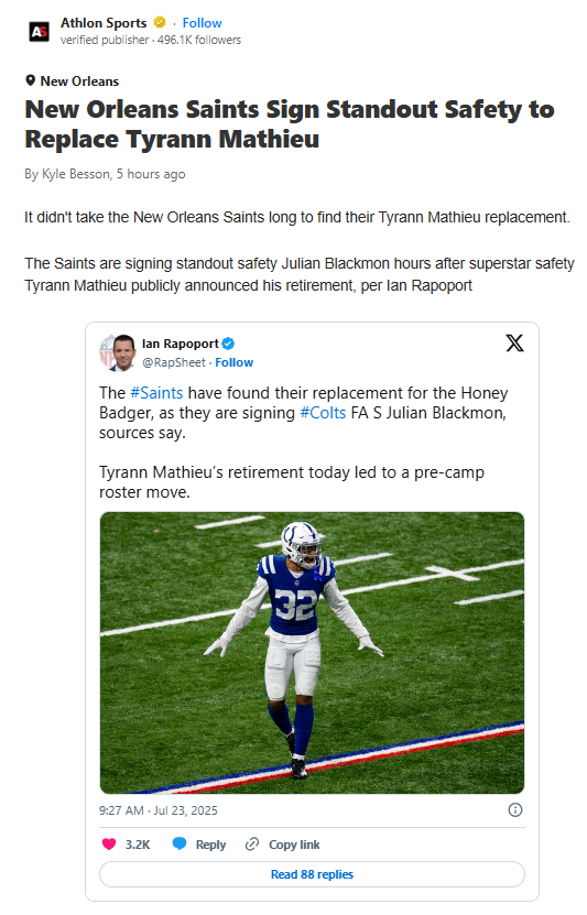 Saints Land Blackmon After Honey Badger Exit