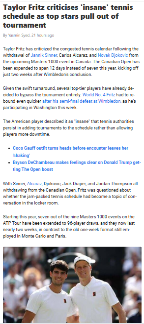 Fritz Slams 'Insane' Tennis Calendar