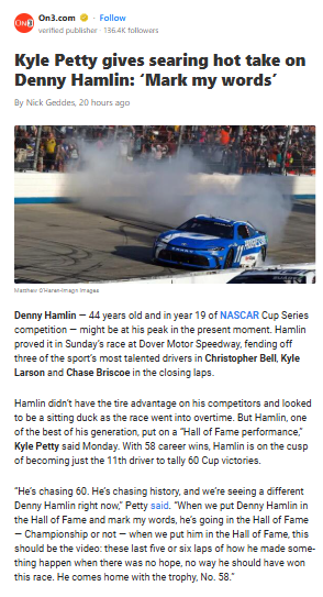Hamlin’s Hall of Fame Drive at Dover