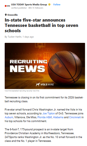 Vols Make Top 7 for Homegrown Star