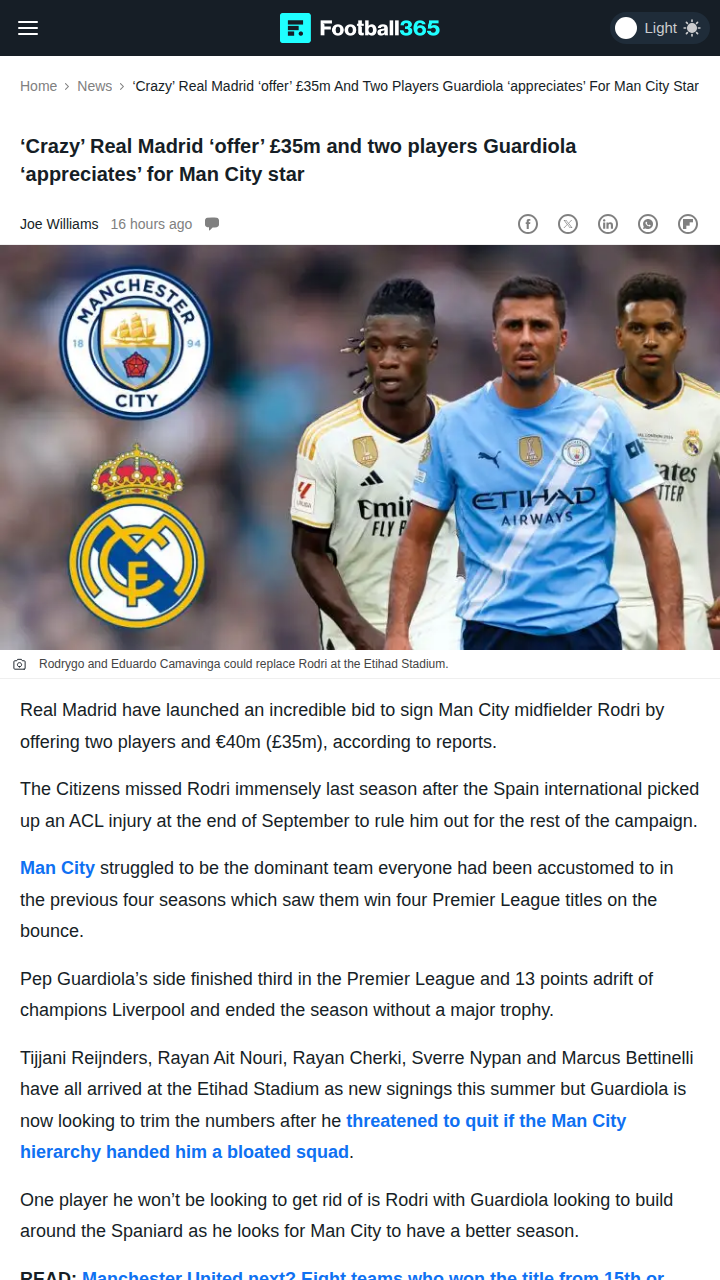 Madrid’s Wild Bid for City’s Midfield Maestro