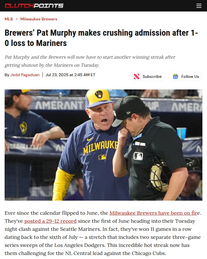 Brewers’ Streak Snapped by Mariners’ Ace