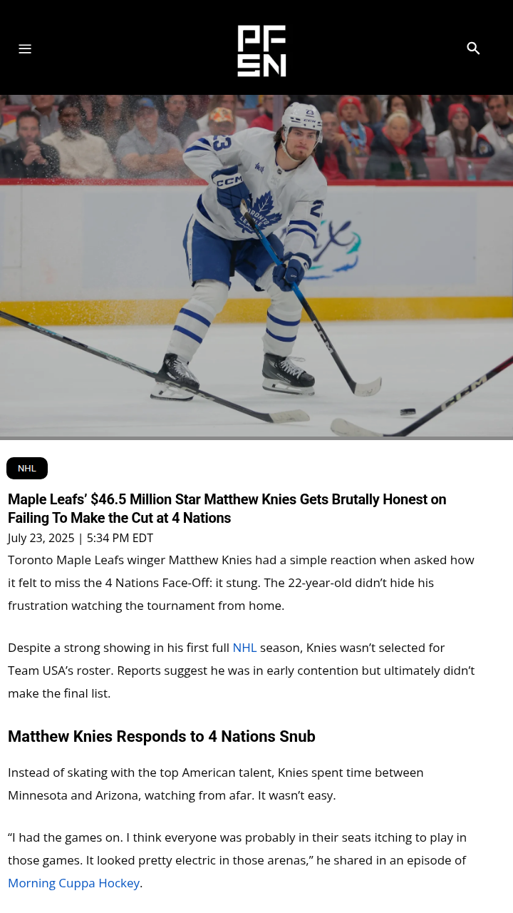 Knies Fires Up After 4 Nations Snub