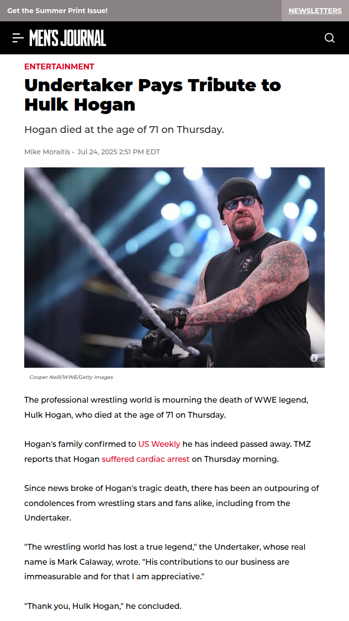 Undertaker Salutes Hulkster After Rivalry